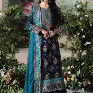 Pakistani designer clothes navy blue chiffon wedding suit