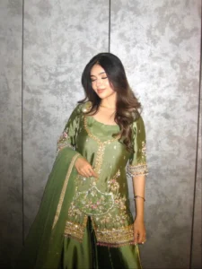 Sage green Pakistani formal wear in sheesha silk