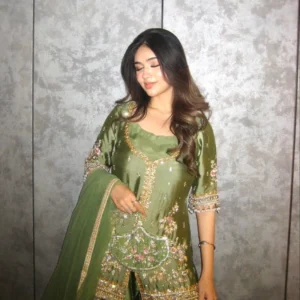 Sage green Pakistani formal wear in sheesha silk
