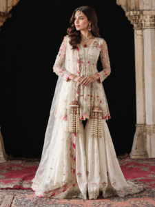 Luxury embroidered peplum suit with sequin work and farshi ghararah