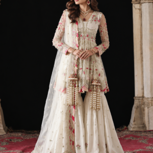 Luxury embroidered peplum suit with sequin work and farshi ghararah
