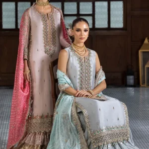 Pakistani party wear silk sharara suit.