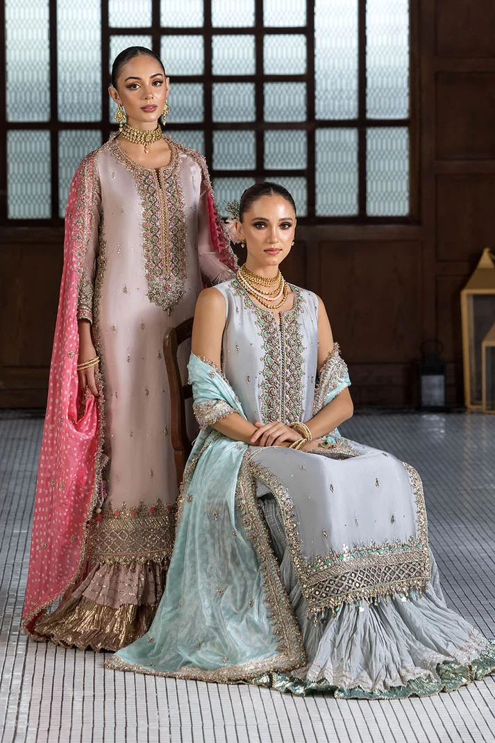 Pakistani party wear silk sharara suit.