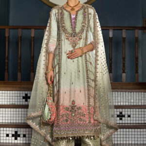 Pakistani wedding dress with gloss silk shirt, net dupatta and jamawar trousers