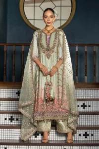 Pakistani wedding dress with gloss silk shirt, net dupatta and jamawar trousers