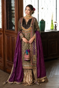 Pakistani Designer Sharara Suit with embroidered shirt and silk dupatta 