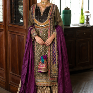 Pakistani Designer Sharara Suit with embroidered shirt and silk dupatta