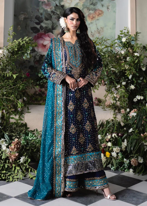 Pakistani designer clothes navy blue chiffon wedding suit 